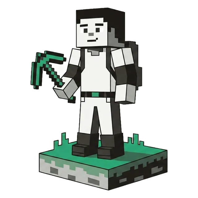 The MDCrafter miner, a pixel-art character holding an emerald pickaxe, floating above a grass block